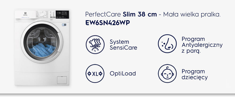 Obraz przedstawia pralkę z widocznym logo producenta oraz tekstem: \'PerfectCare Slim 38 cm - Mała wielka pralka. EW6SN426WP\'. Obok znajdują się ikony z opisami: \'System SensiCare\', \'OptiLoad\', \'Program Antyalergiczny z parą\', \'Program dziecięcy\'.
