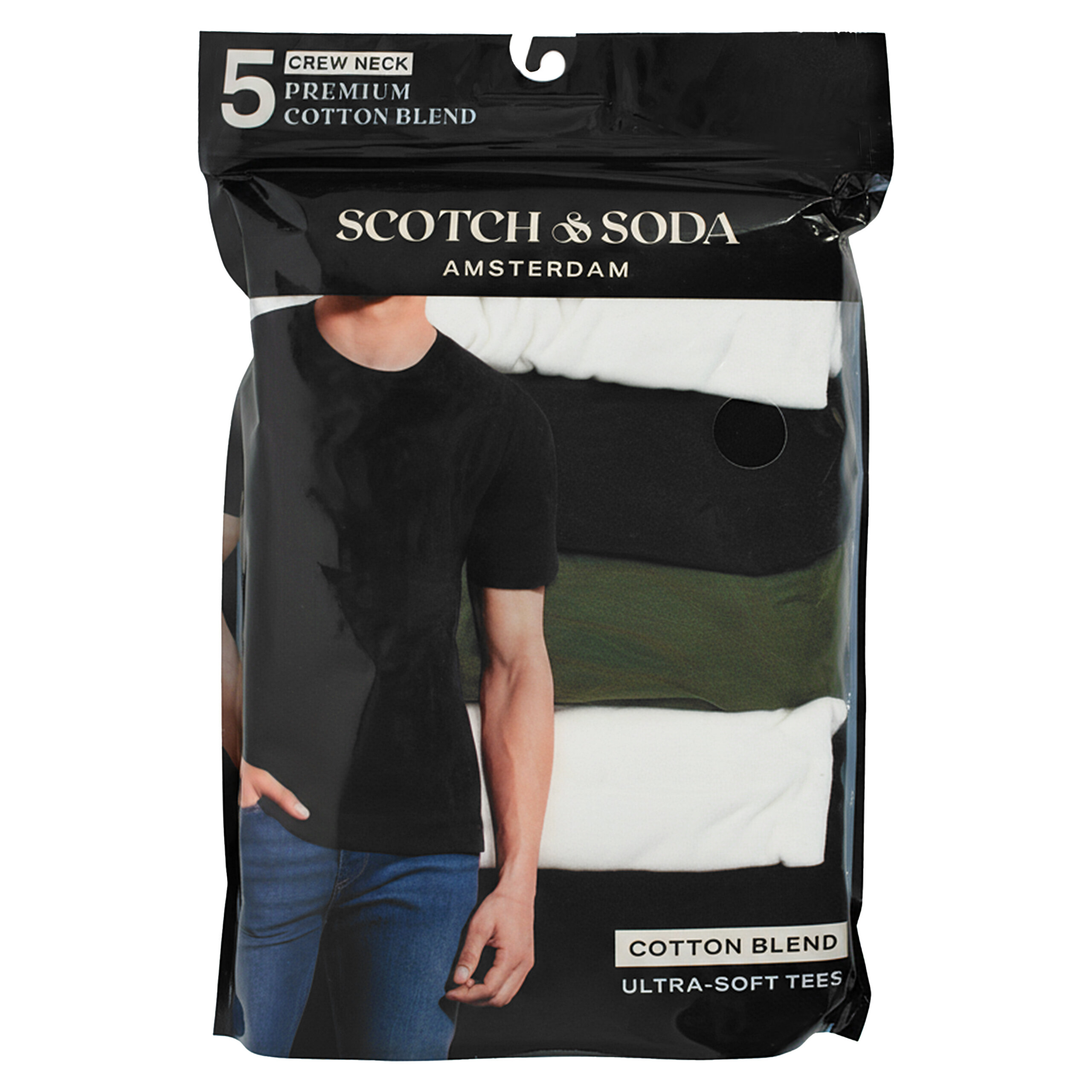 Opakowanie zawiera pięć męskich koszulek w różnych kolorach, z napisem \'Scotch & Soda Amsterdam\' oraz \'Cotton Blend Ultra-Soft Tees\'.