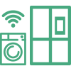 Ikona przedstawia zielony symbol lodówki obok pralki z sygnałem Wi-Fi. Oba urządzenia są stylizowane i uproszczone graficznie.