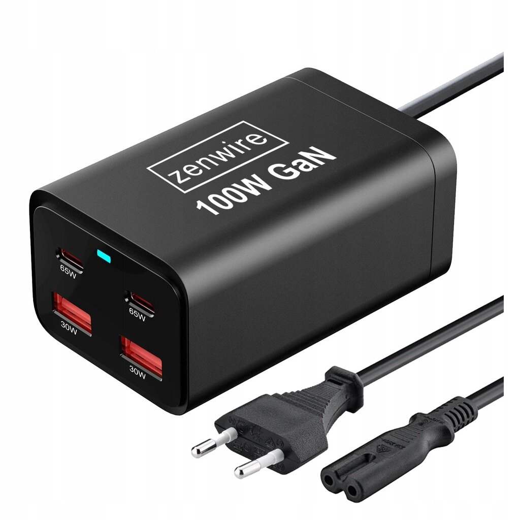 Czarna ładowarka sieciowa z logo \'Zenwire\' i napisem \'100W GaN\' na obudowie. Posiada cztery porty: dwa USB-C oznaczone jako 65W i dwa USB-A oznaczone jako 30W, oraz dołączony kabel z wtyczką.