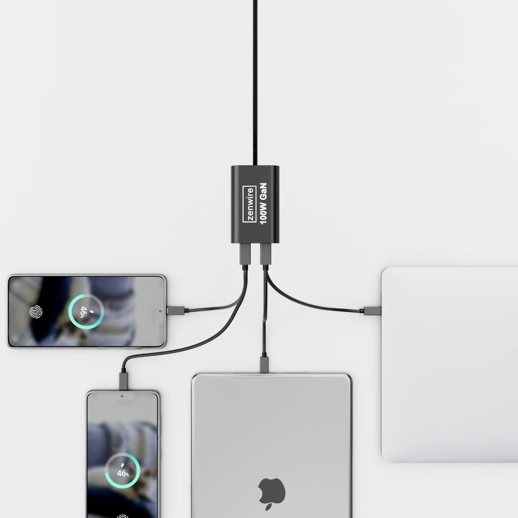 Na obrazie widoczna jest ładowarka z logo \'Zenwire 100W GaN\', do której podłączone są cztery urządzenia: dwa smartfony i dwa laptopy. Smartfony pokazują stan naładowania baterii: 49% i 46%.