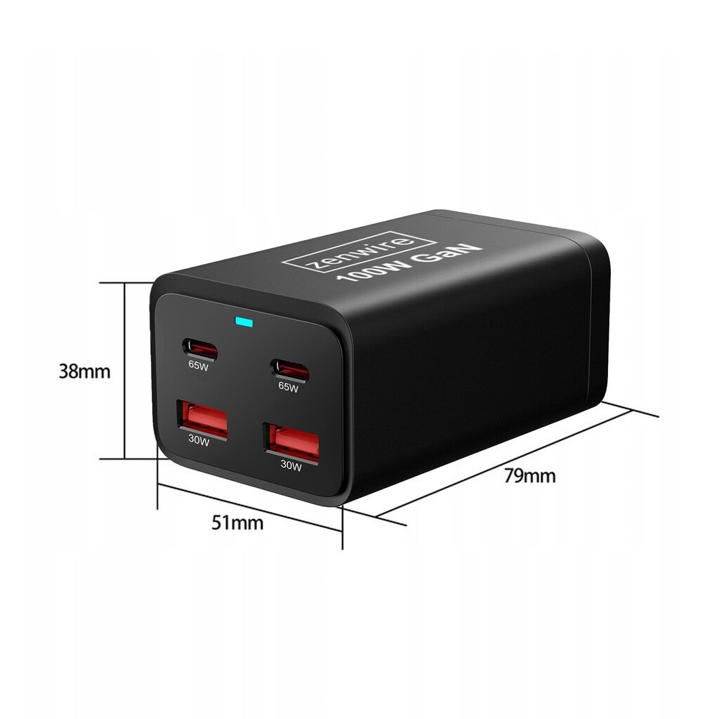 Czarna ładowarka sieciowa z logo \'Zenwire 100W GaN\' posiada cztery porty: dwa USB-C oznaczone jako 65W i dwa USB-A oznaczone jako 30W. Wymiary urządzenia to 38mm x 51mm x 79mm.
