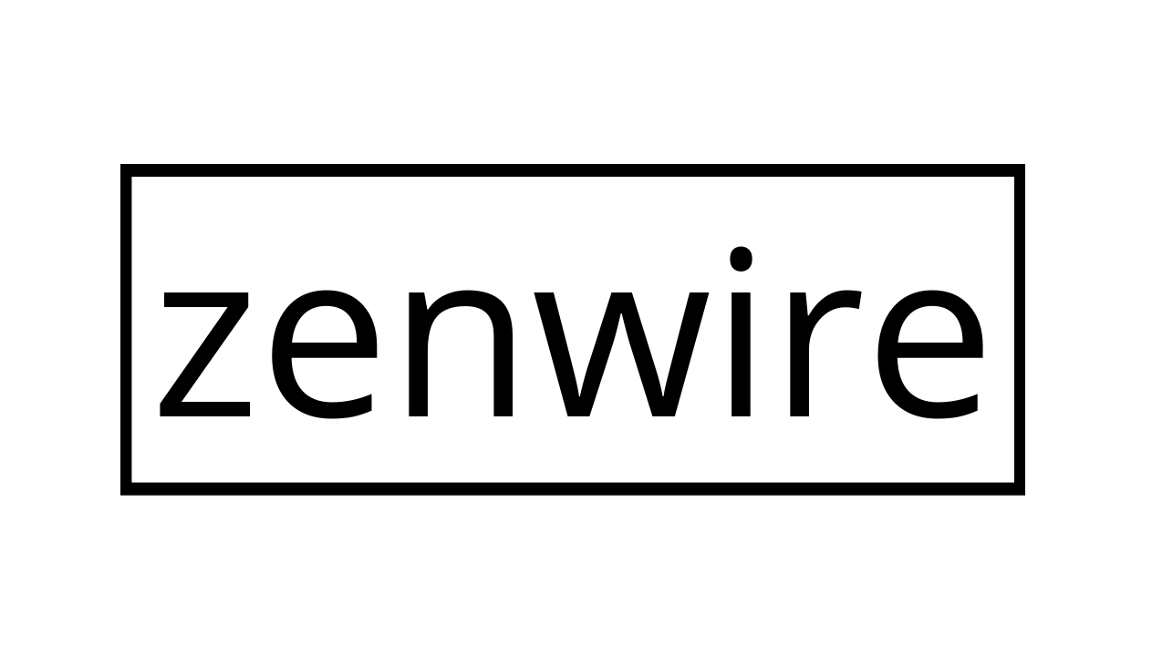 Logo z napisem \'zenwire\' w czarnym prostokącie na białym tle.