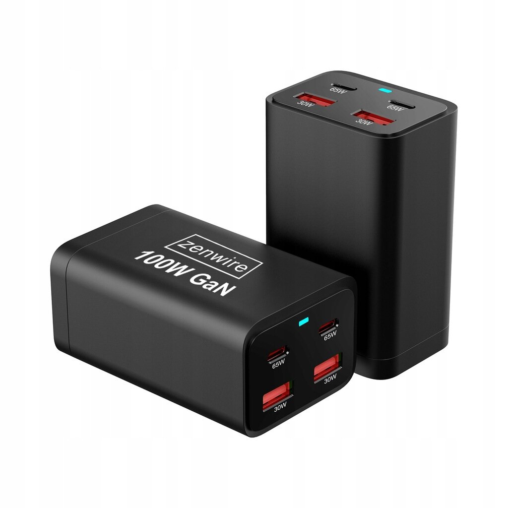 Na obrazie widoczne są dwie czarne ładowarki z logo \'Zenwire\' i napisem \'100W GaN\'. Każda z nich posiada cztery porty: dwa USB-C oznaczone jako 65W i dwa USB-A oznaczone jako 30W.