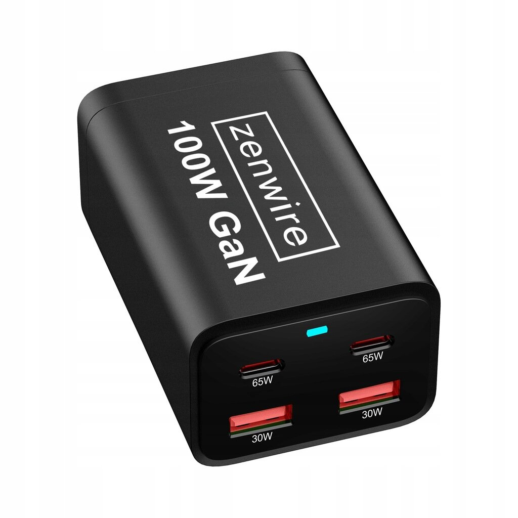 Czarna ładowarka sieciowa z logo \'Zenwire 100W GaN\' na górze. Posiada cztery porty: dwa USB-C oznaczone jako 65W i dwa USB-A oznaczone jako 30W.