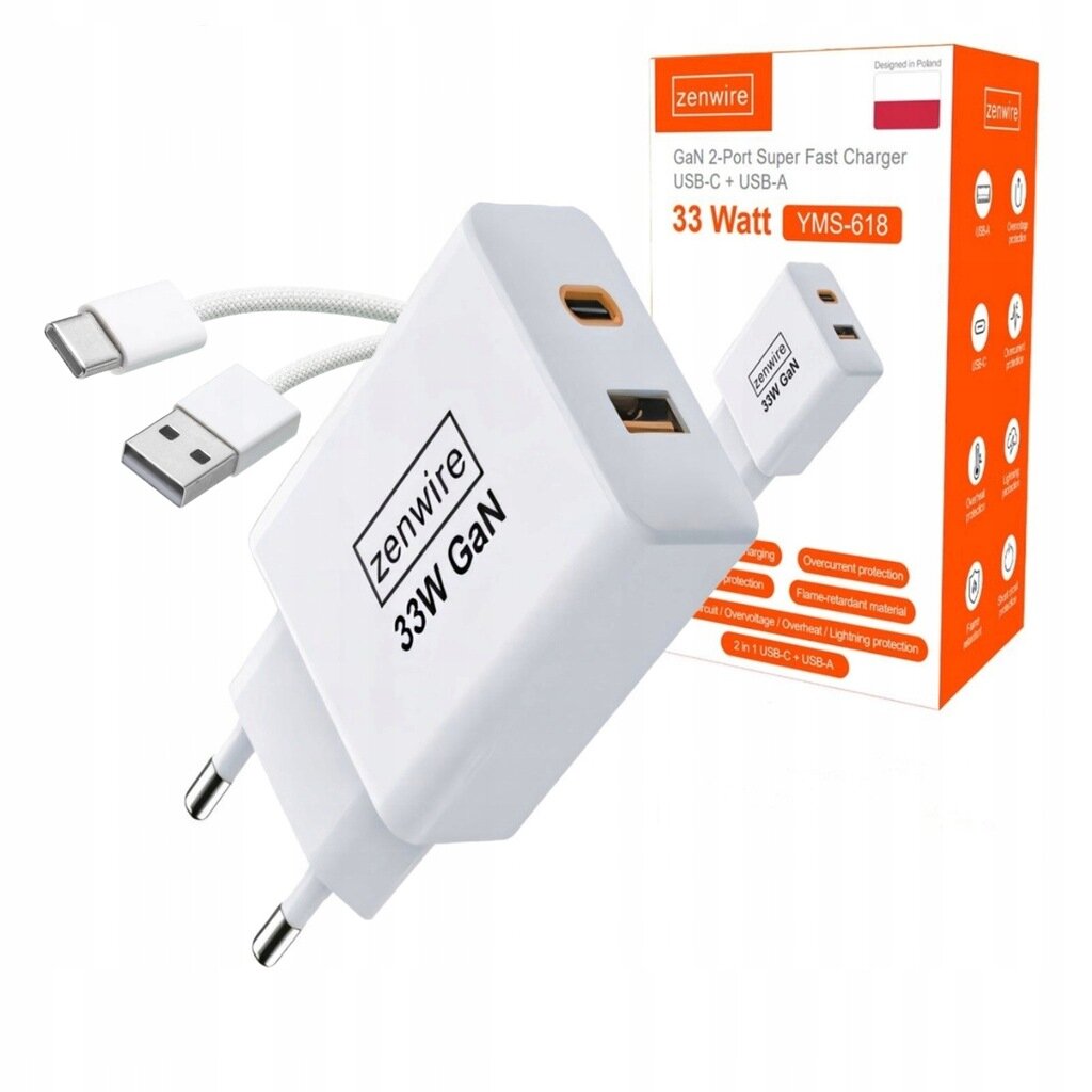 Na obrazie widoczna jest biała ładowarka z dwoma portami USB oznaczona jako \'zenwire 33W GaN\'. W tle znajduje się pomarańczowe opakowanie z napisem \'33 Watt YMS-618\'.