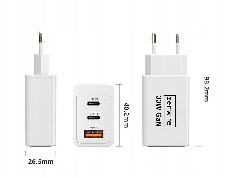 Obraz przedstawia białą ładowarkę sieciową z trzema portami: USB-C1, USB-C2 i USB-A. Na ładowarce widnieje napis \'Zenwire 33W GaN\', a wymiary to 26.5mm x 40.2mm x 98.2mm.