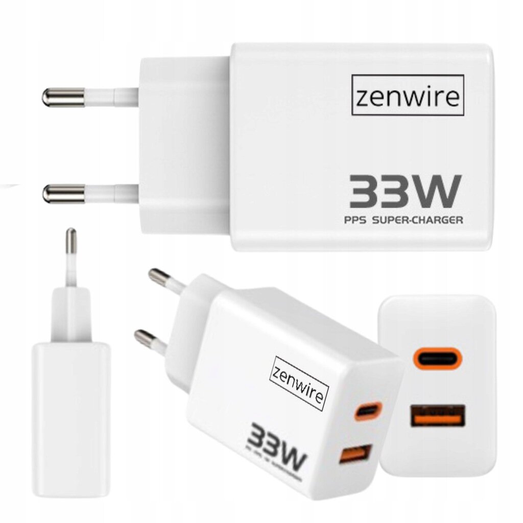 Na obrazie widoczna jest biała ładowarka sieciowa z dwoma wtykami oraz dwoma portami: USB-C i USB-A. Na ładowarce znajdują się napisy \'zenwire\' oraz \'33W PPS SUPER-CHARGER\'.