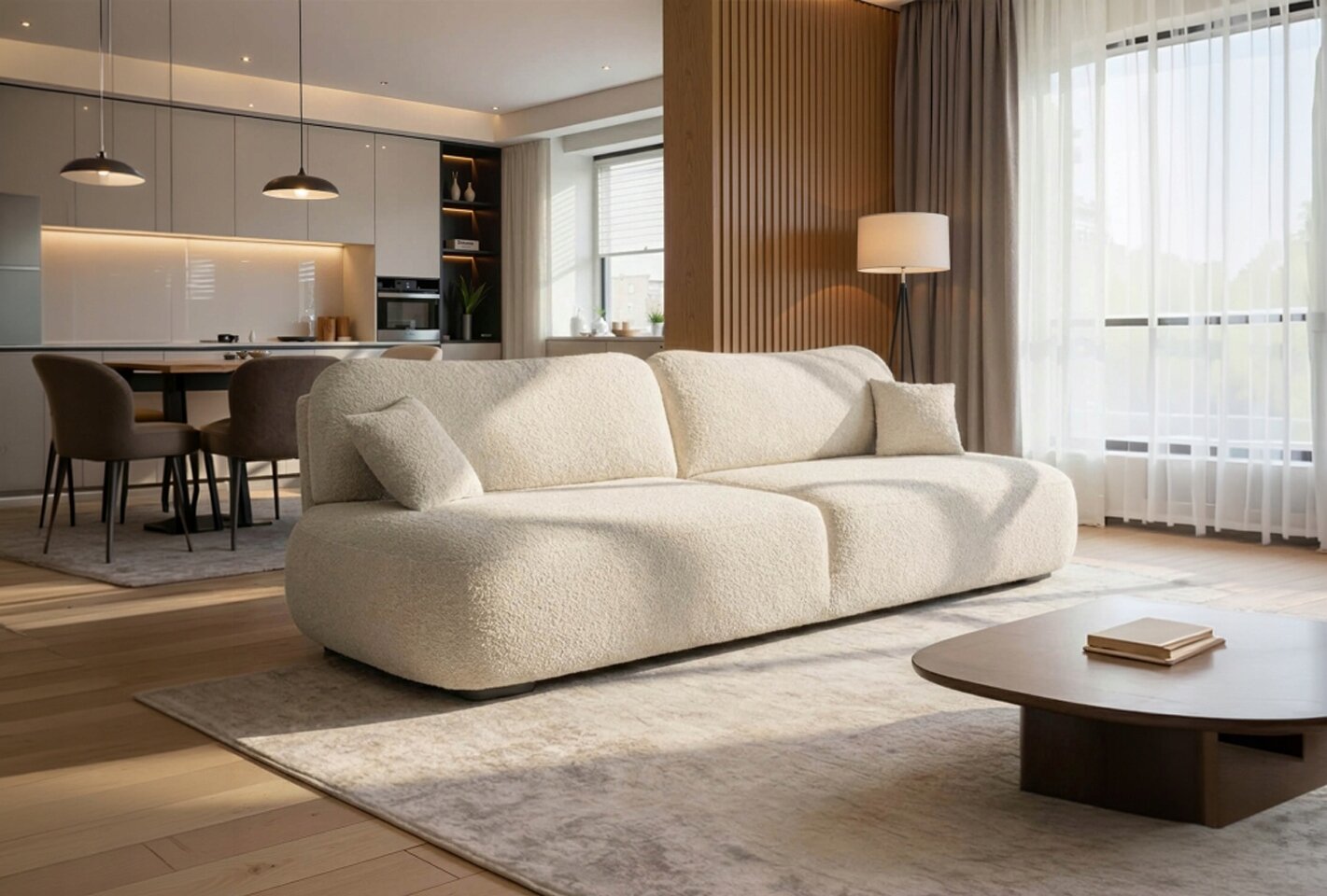 W salonie znajduje się kremowa sofa o zaokrąglonych kształtach, ustawiona na jasnym dywanie. W tle widoczna jest nowoczesna kuchnia z wyspą i wiszącymi lampami.