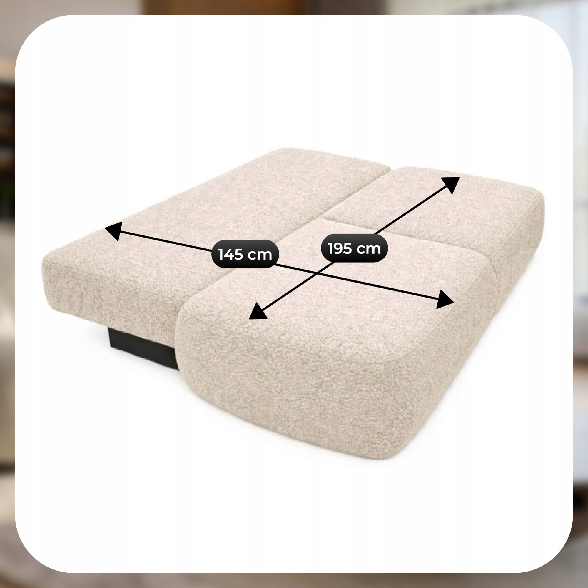 Obraz przedstawia kremową sofę rozłożoną do funkcji spania, z wymiarami 145 cm na 195 cm zaznaczonymi strzałkami. Sofa ma zaokrąglone krawędzie i jednolitą teksturę materiału.
