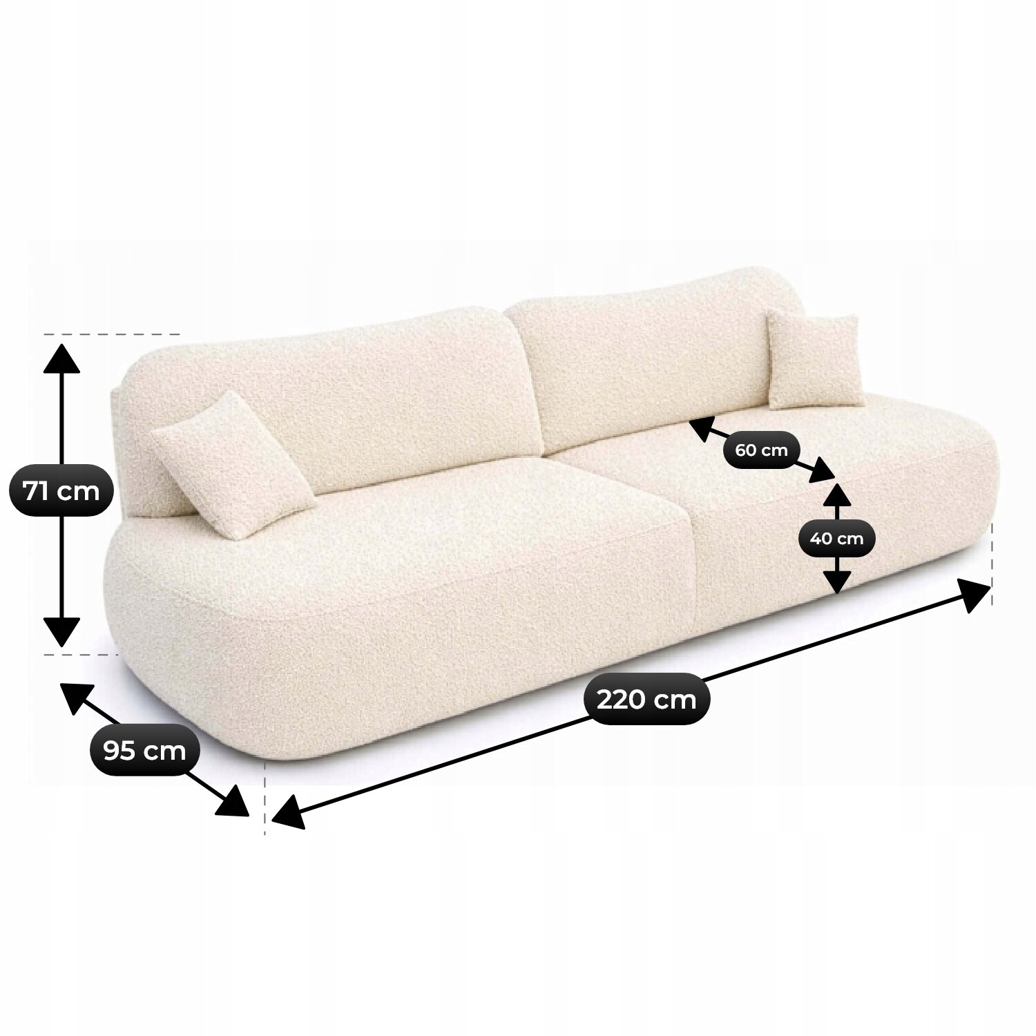 Kremowa sofa rozkładana z funkcją spania, z dwoma poduszkami, o wymiarach: wysokość 71 cm, głębokość 95 cm, szerokość 220 cm, głębokość siedziska 60 cm, wysokość siedziska 40 cm.