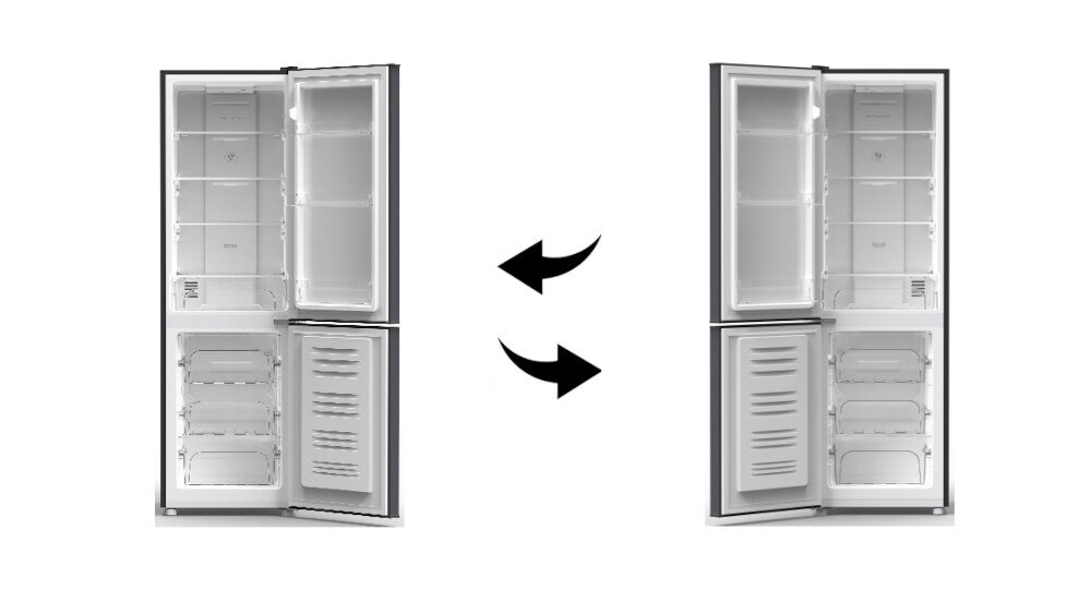 Dwa obrazy lodówki z otwartymi drzwiami, pokazujące wnętrze z półkami i szufladami. Pomiędzy nimi znajdują się dwie czarne strzałki wskazujące możliwość zmiany kierunku otwierania drzwi.