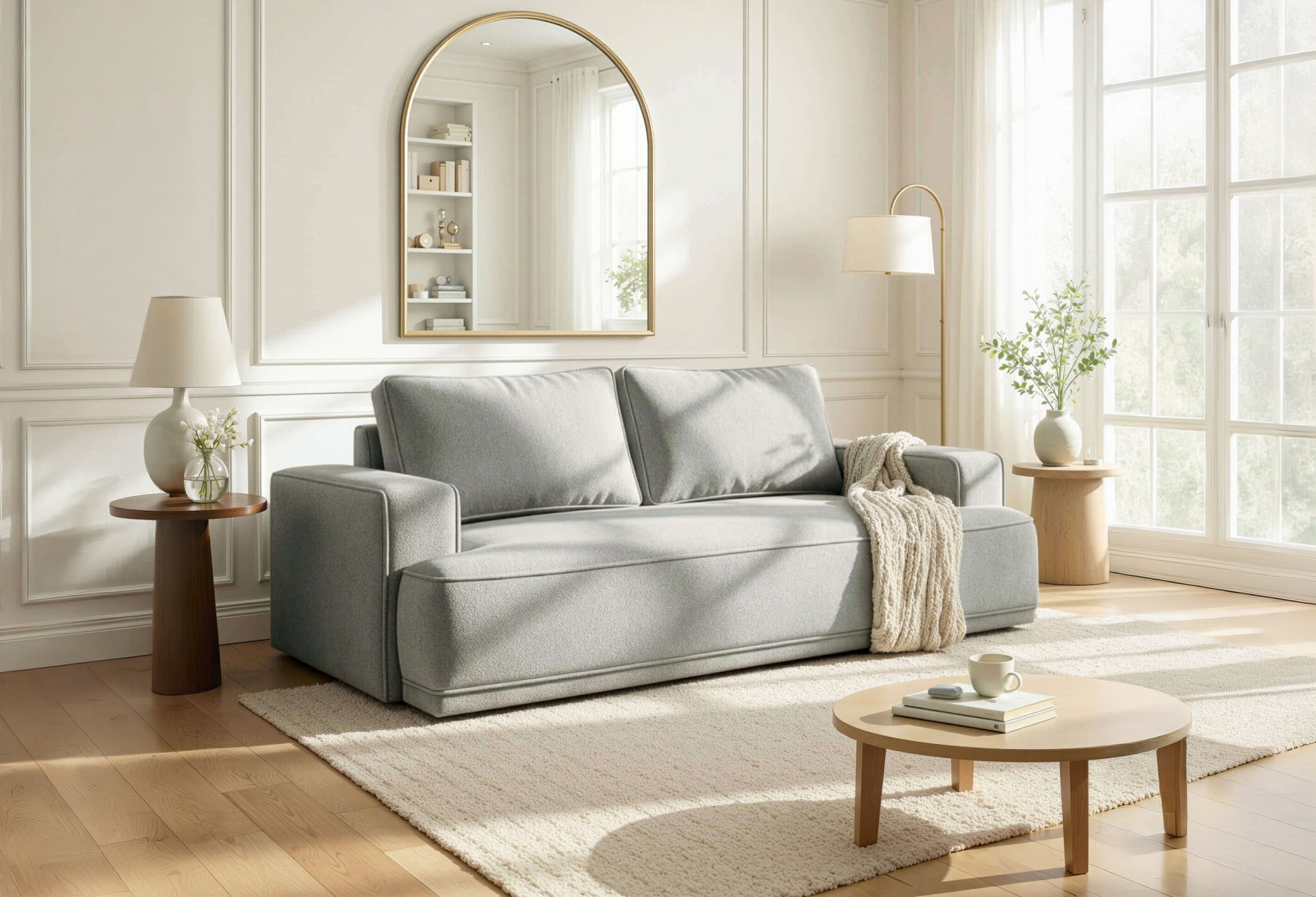 Szara sofa rozkładana z funkcją spania znajduje się w elegancko urządzonym salonie z dużymi oknami. Wnętrze uzupełniają drewniane stoliki, lampa stojąca i dekoracyjne rośliny.