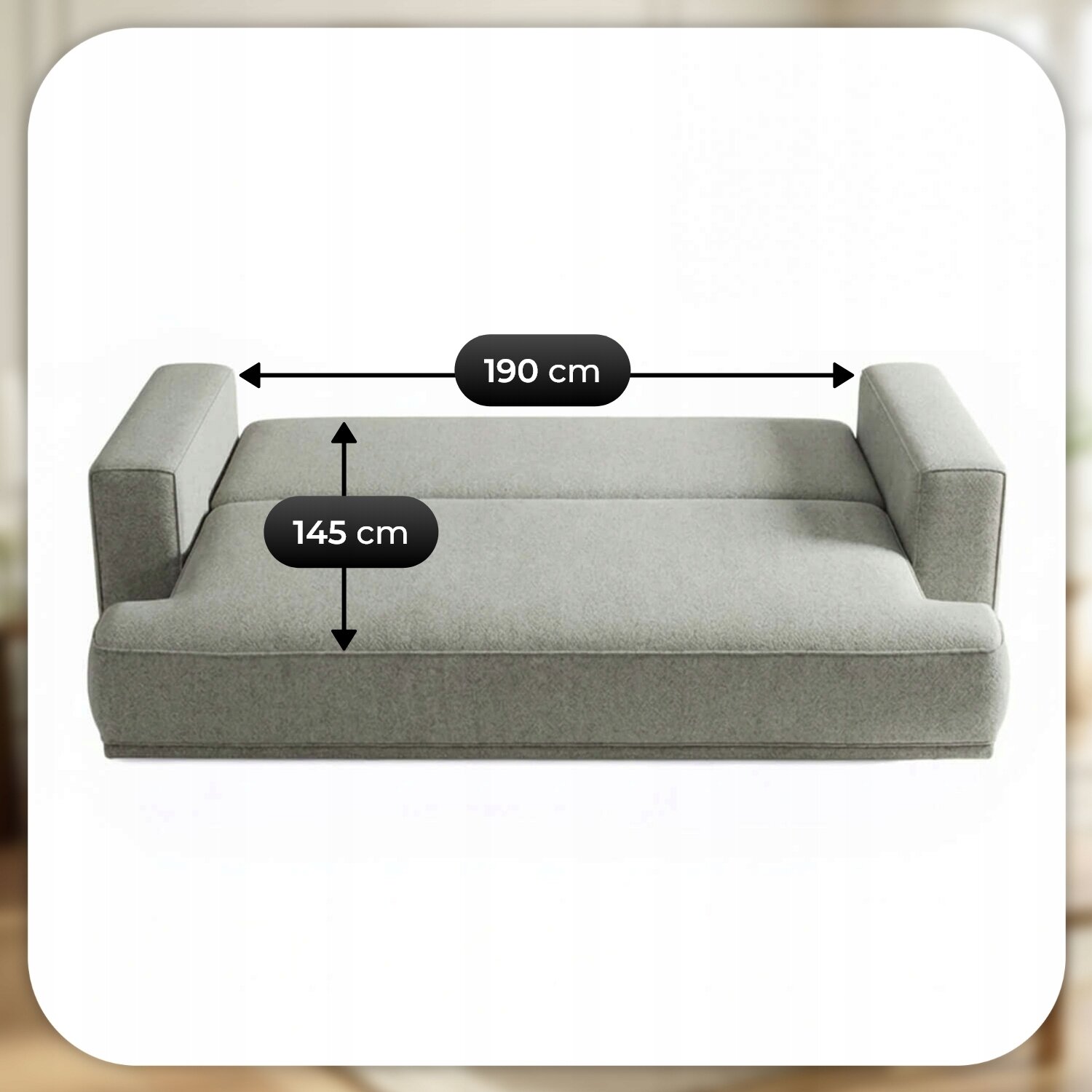 Szara sofa rozkładana z funkcją spania, przedstawiona w pozycji rozłożonej, z wymiarami 190 cm na 145 cm zaznaczonymi na powierzchni. Sofa ma proste, geometryczne kształty i podłokietniki po obu stronach.