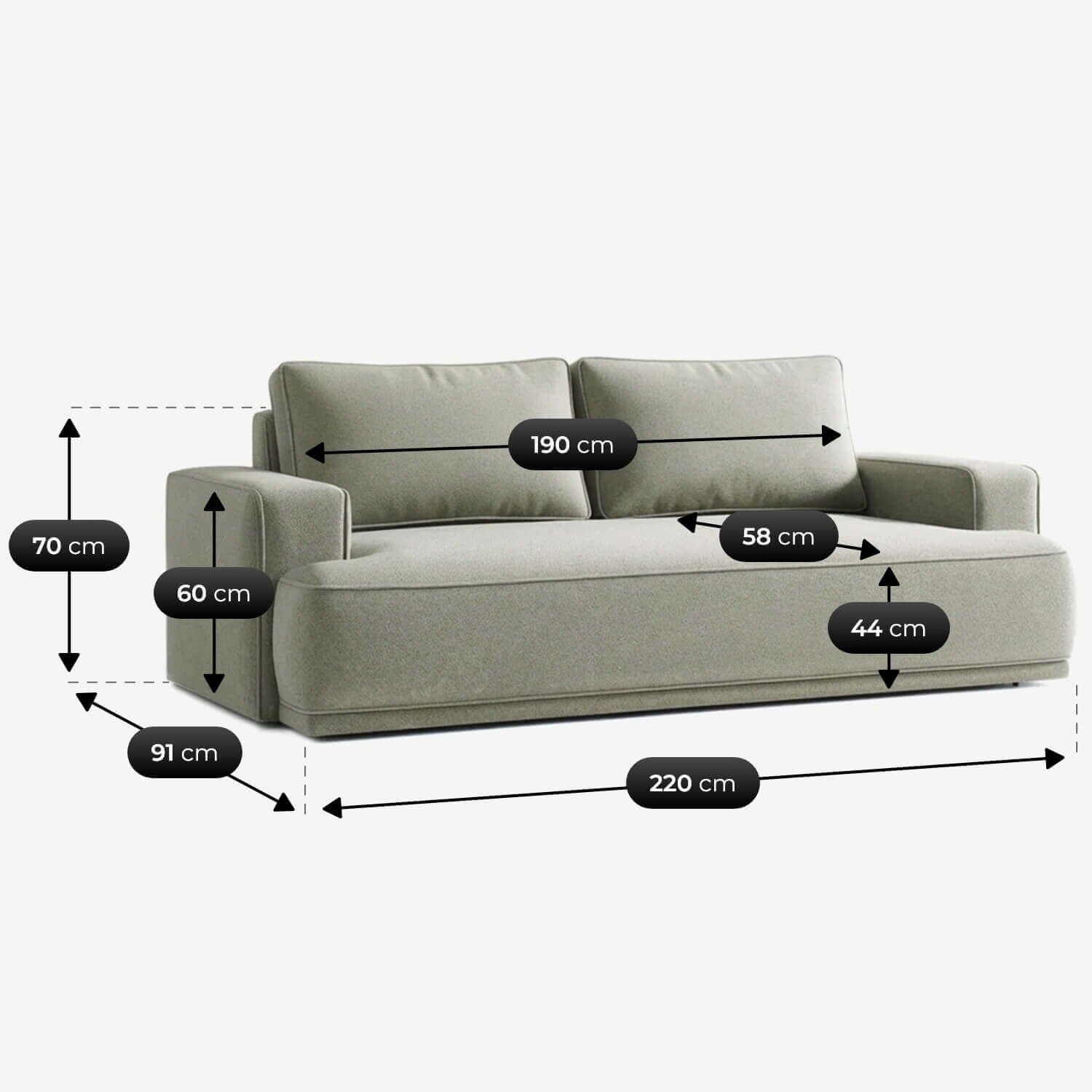 Szara sofa z funkcją spania, z podanymi wymiarami: szerokość 220 cm, głębokość 91 cm, wysokość 70 cm, szerokość siedziska 190 cm, głębokość siedziska 58 cm, wysokość siedziska 44 cm, wysokość podłokietnika 60 cm.