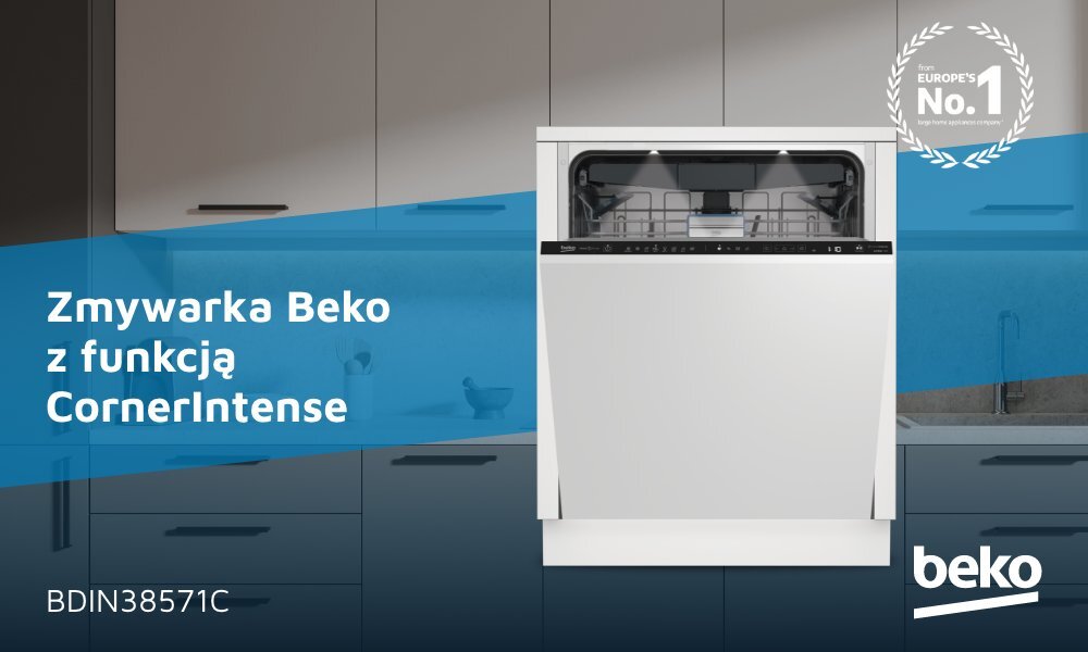 Zmywarka Beko z funkcją CornerIntense jest umieszczona w kuchennej zabudowie. Widoczny jest tekst: \'Zmywarka Beko z funkcją CornerIntense\', \'BDIN38571C\', oraz logo \'beko\'.