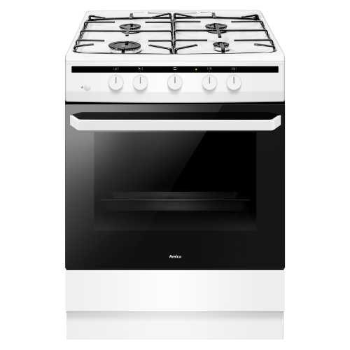 Biała kuchenka gazowa z czterema palnikami i piekarnikiem, na drzwiach widoczne logo \'Amica\'. Panel sterowania posiada cztery pokrętła i przyciski funkcyjne.