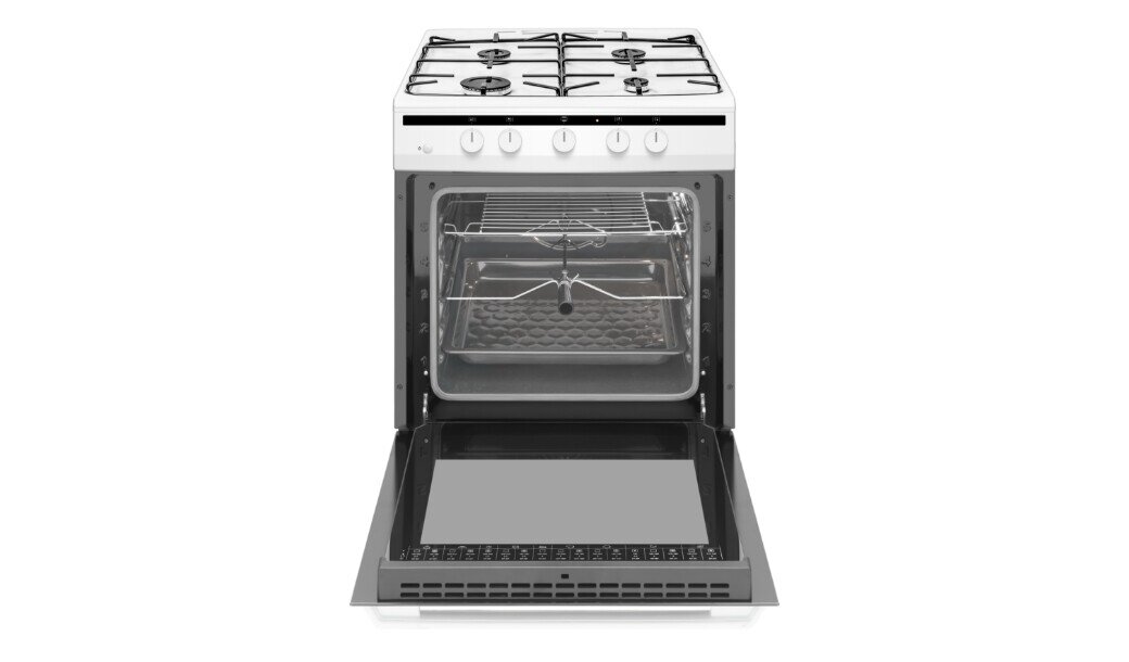 Na zdjęciu widoczna jest kuchnia gazowa z otwartym piekarnikiem, wyposażona w cztery palniki na górze i pokrętła do regulacji. Wnętrze piekarnika zawiera ruszt i blachę do pieczenia.