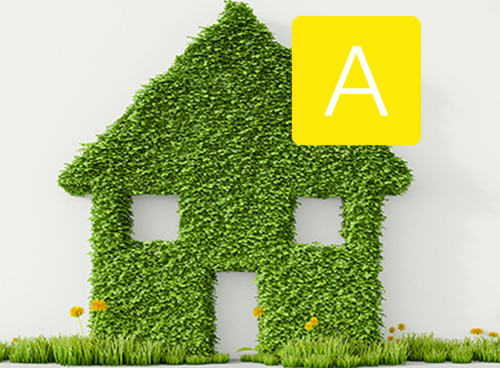 Zielony kształt domu z liści na białym tle, z żółtym kwadratem w prawym górnym rogu zawierającym literę \'A\'.