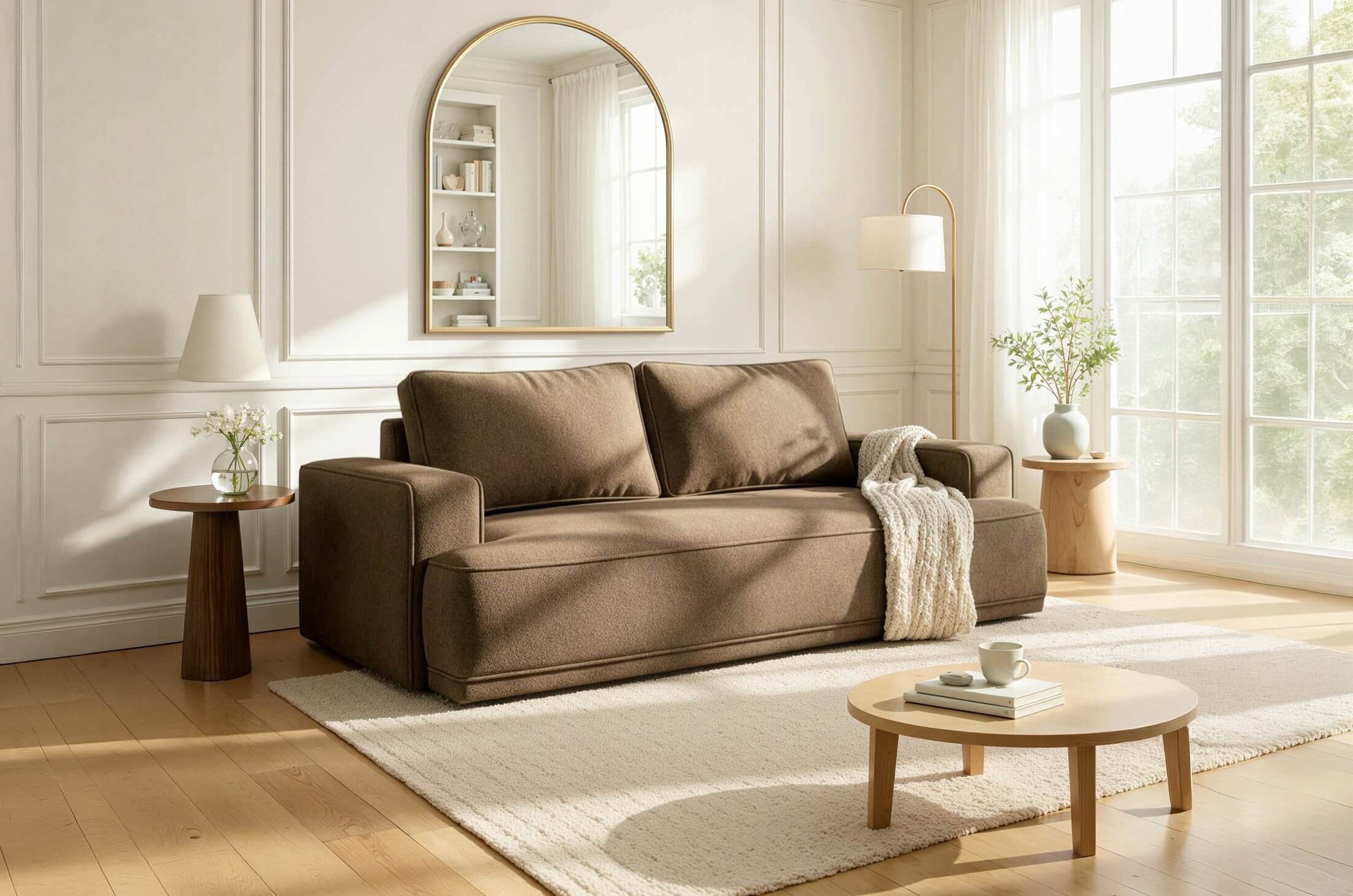 W jasnym salonie znajduje się brązowa sofa z poduszkami, na której leży jasny koc. W tle widać okrągłe lustro, lampę stojącą i stolik z wazonem z rośliną.