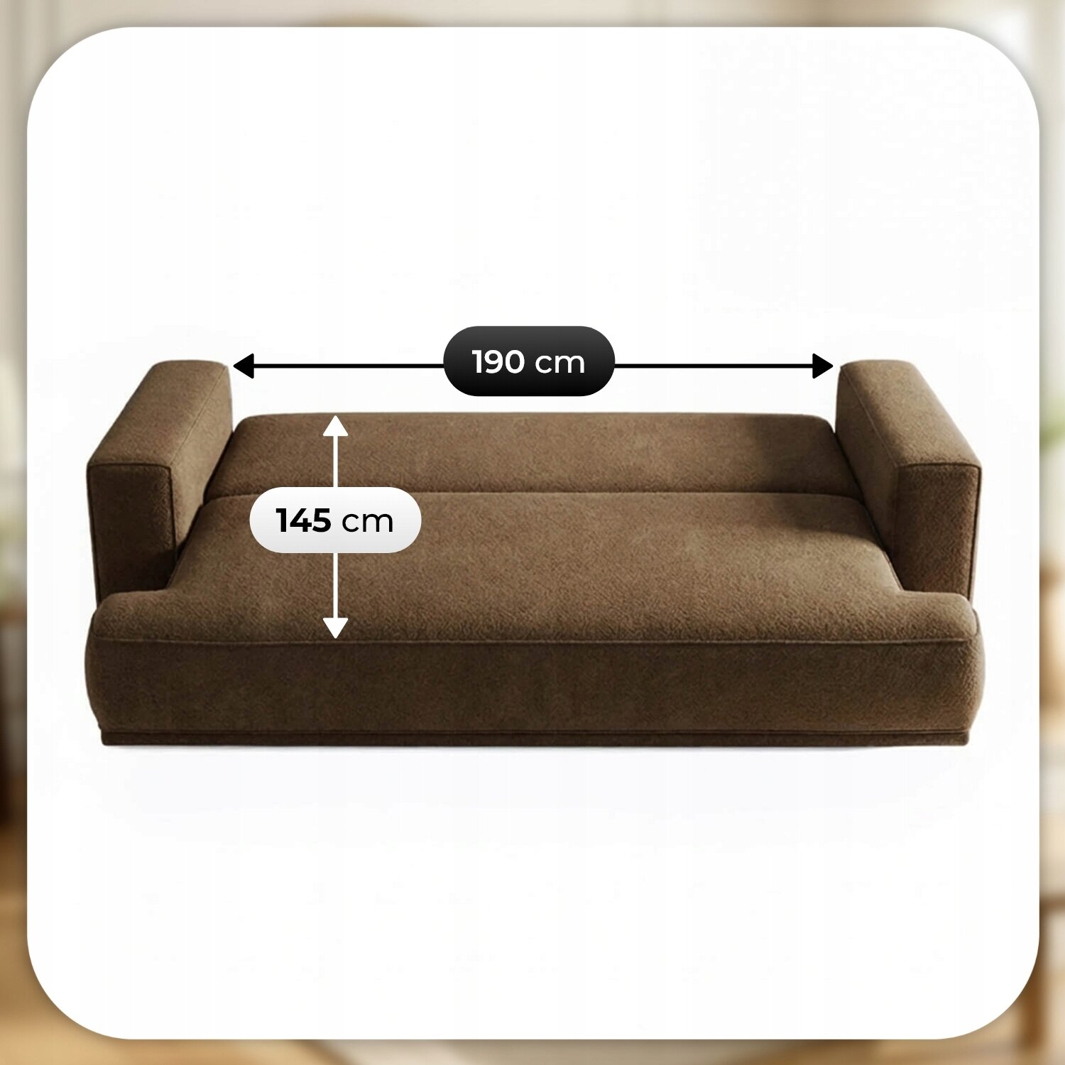 Brązowa sofa rozkładana z funkcją spania, przedstawiona w pozycji rozłożonej. Na sofie widoczne są wymiary: 190 cm szerokości i 145 cm głębokości.