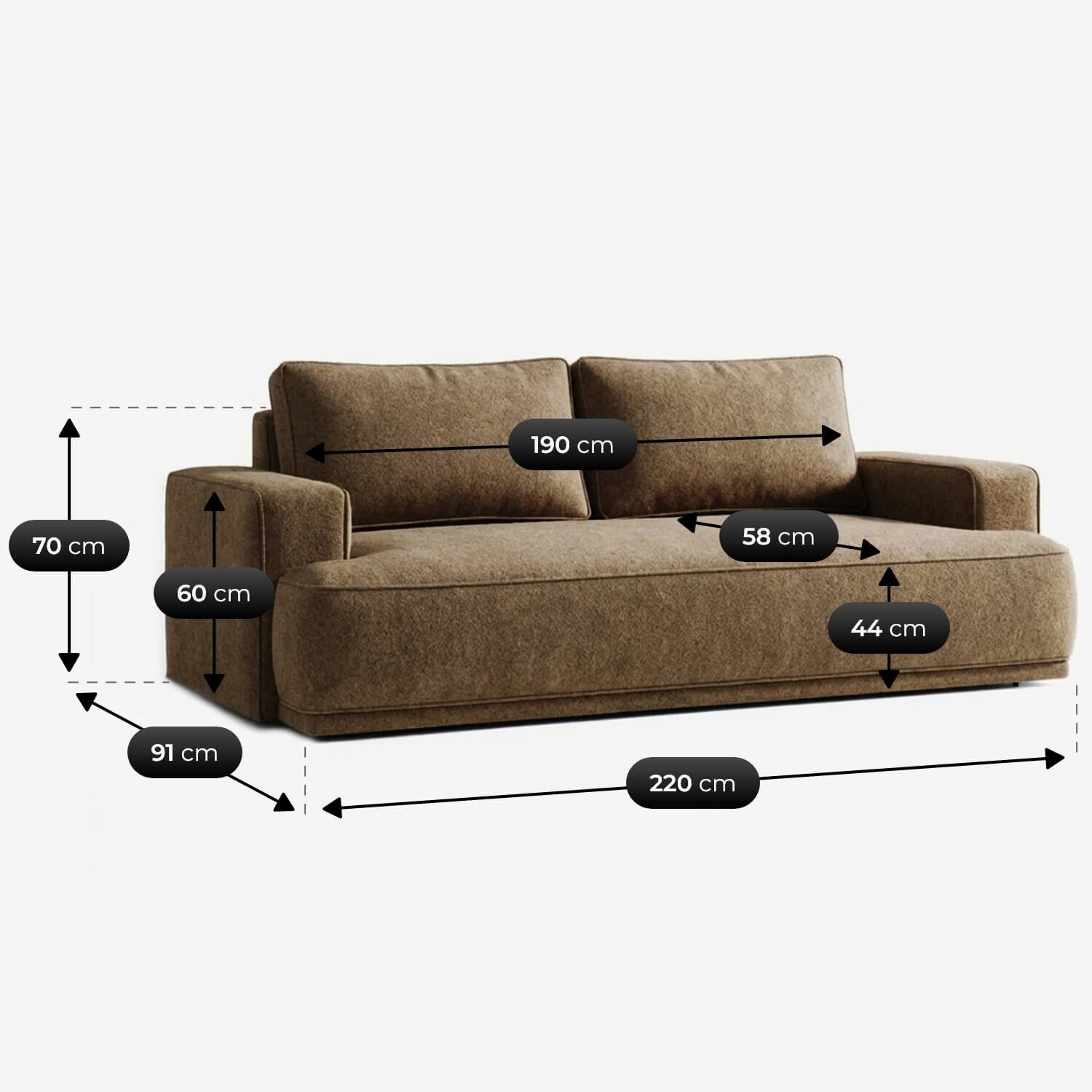 Brązowa sofa z dwoma poduszkami o wymiarach: szerokość 220 cm, głębokość 91 cm, wysokość 70 cm, szerokość siedziska 190 cm, głębokość siedziska 58 cm, wysokość siedziska 44 cm, wysokość podłokietnika 60 cm.