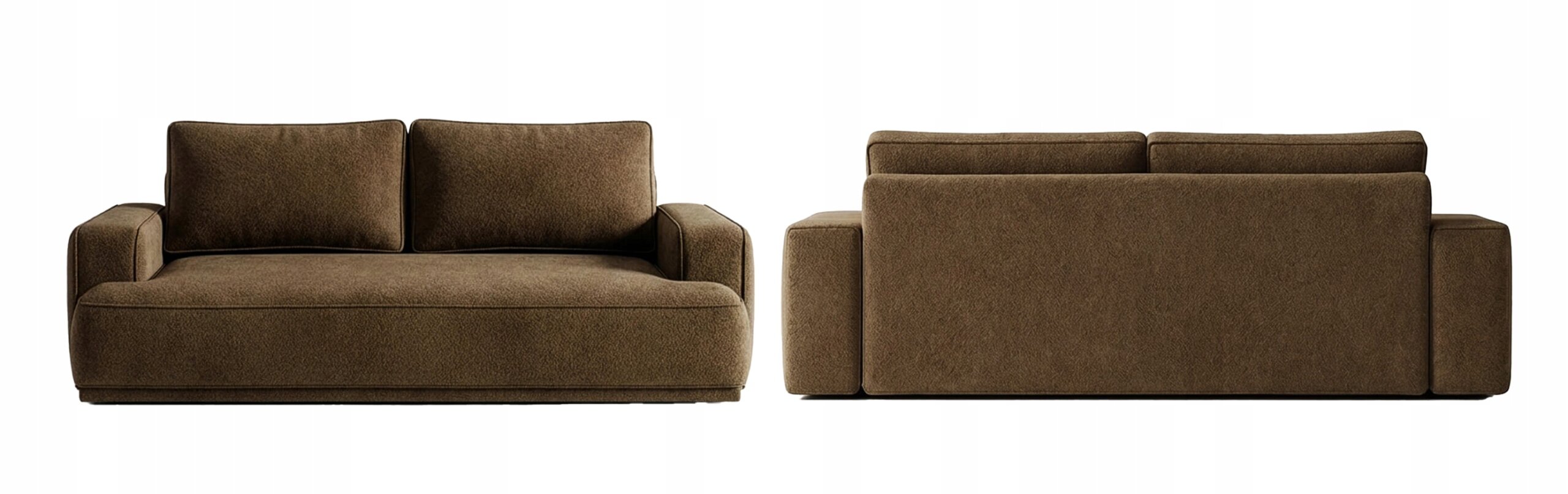 Brązowa sofa rozkładana z funkcją spania, widoczna z przodu i z tyłu. Sofa ma prosty, nowoczesny design z dwoma dużymi poduszkami oparciowymi.