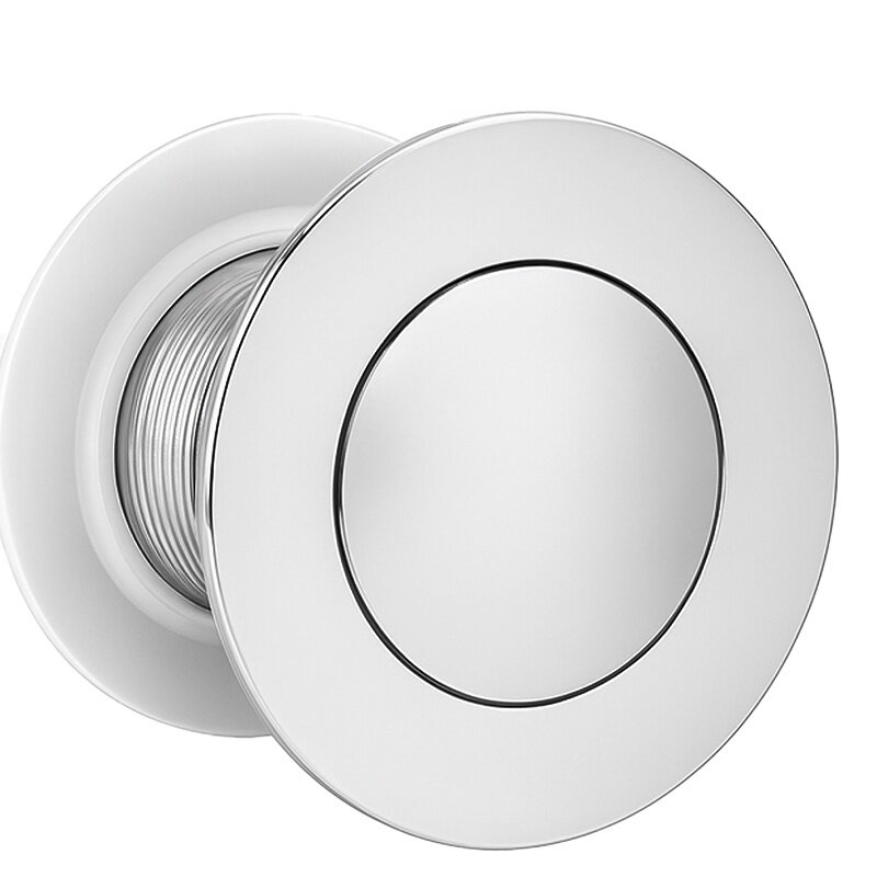 Obraz przedstawia okrągły, chromowany korek do umywalki z gładką powierzchnią. Produkt ma prosty, elegancki design.