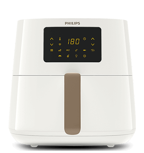 Biała frytkownica beztłuszczowa z panelem dotykowym, na którym widoczna jest temperatura 180 stopni oraz różne ikony funkcji. Na górze urządzenia znajduje się logo PHILIPS.