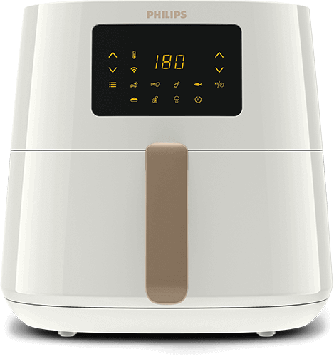 Biała frytkownica beztłuszczowa z wyświetlaczem cyfrowym pokazującym liczbę 180 oraz ikonami funkcji. Na górze widoczne jest logo PHILIPS.