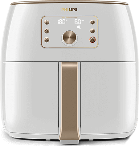 Biała frytkownica beztłuszczowa z panelem sterowania na górze, wyświetlającym temperaturę 180° i czas 60 minut. Na panelu widoczne są przyciski oraz logo PHILIPS.