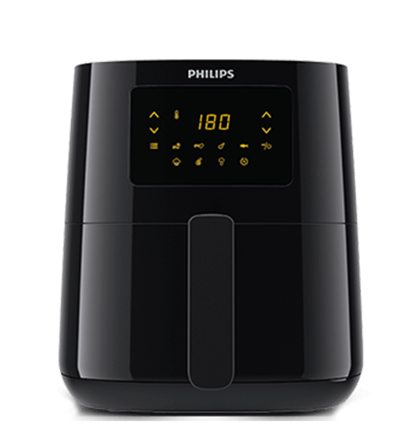 Czarna frytkownica beztłuszczowa z wyświetlaczem cyfrowym pokazującym liczbę 180 oraz ikonami funkcji. Na górze widoczne jest logo PHILIPS.