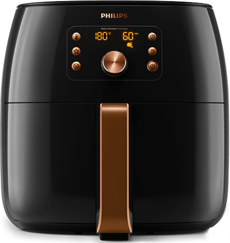 Czarna frytkownica beztłuszczowa z panelem sterowania, na którym widoczne są cyfry 180° i 60°. Na górze znajduje się logo PHILIPS, a uchwyt jest w kolorze miedzianym.