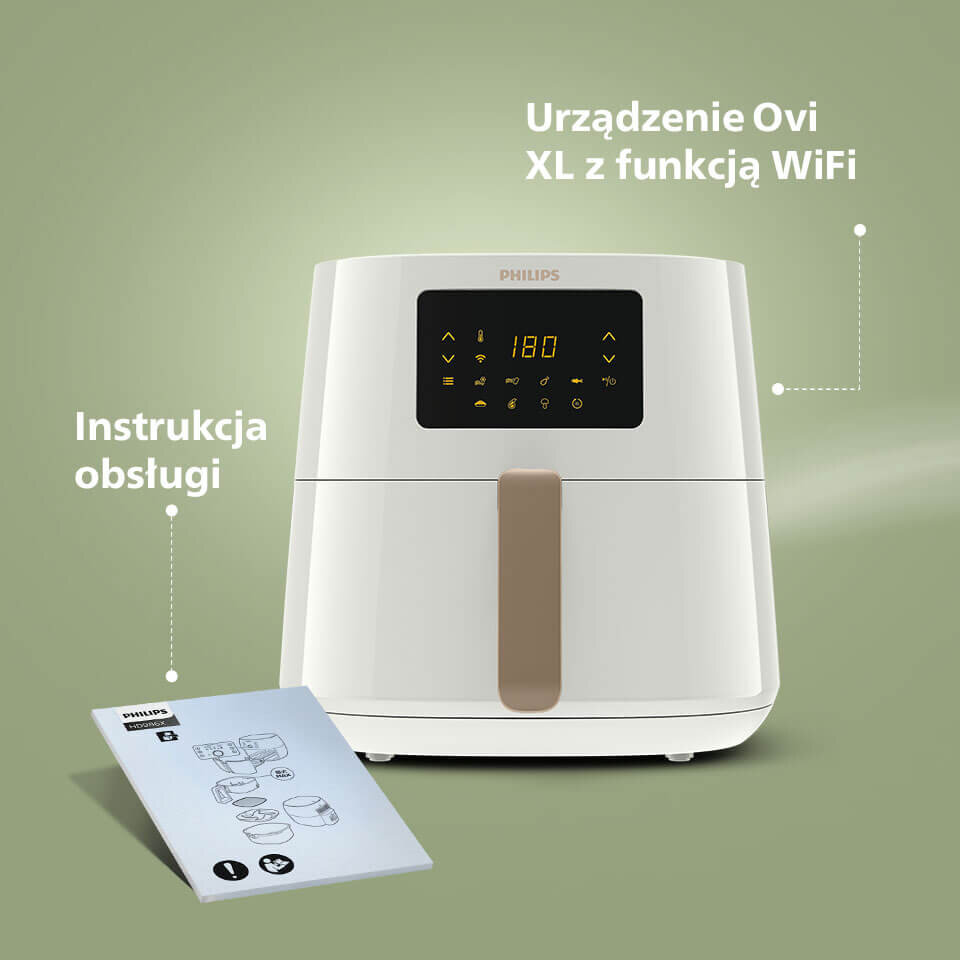 Na zielonym tle widoczna jest biała frytkownica beztłuszczowa z panelem dotykowym i wyświetlaczem pokazującym \'180\'. Obok znajduje się instrukcja obsługi oraz tekst: \'Urządzenie Ovi XL z funkcją WiFi\'.