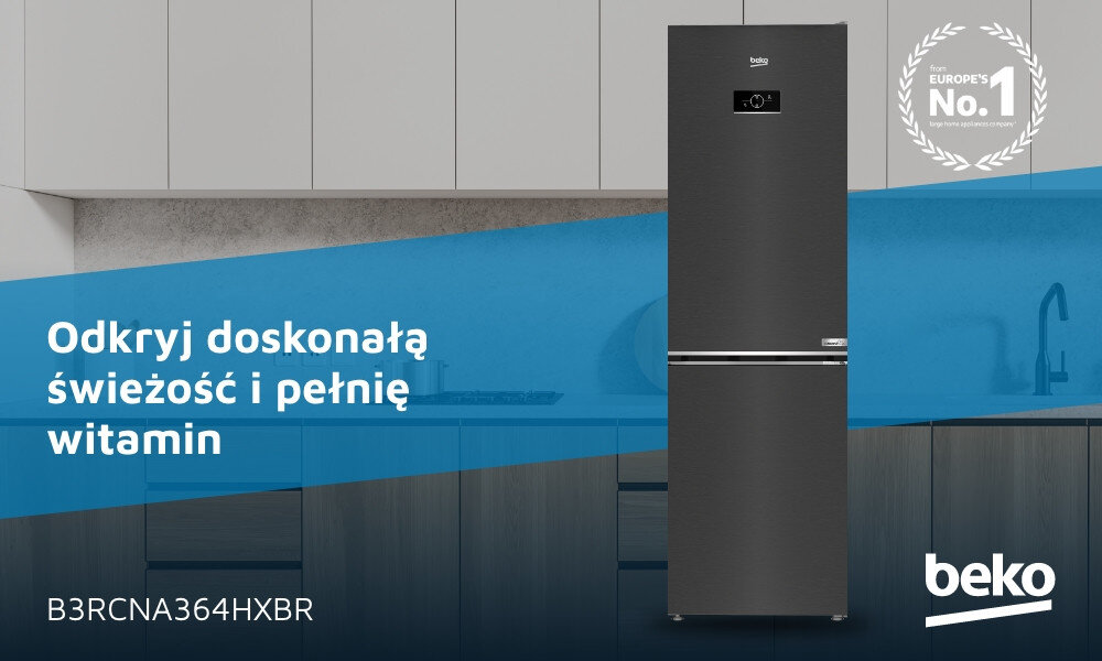 Lodówka w ciemnym kolorze z logo beko. Tekst: Odkryj doskonałą świeżość i pełnię witamin, B3RCNA364HXBR, Europe\'s No.1.