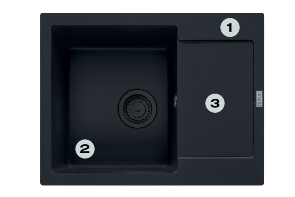 Czarny matowy zlewozmywak jednokomorowy z ociekaczem, oznaczony numerami 1, 2 i 3. Widoczne jest logo \'FRANKE\' na krawędzi ociekacza.