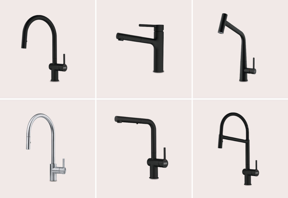 Obraz przedstawia sześć różnych modeli czarnych i srebrnych baterii kuchennych na jasnym tle. Każda bateria ma inny kształt wylewki i uchwytu.