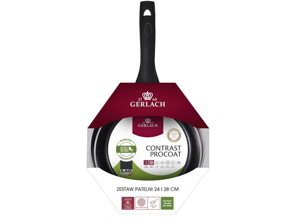Zestaw patelni GERLACH Contrast Procoat składający się z dwóch elementów, zapakowany w opakowanie z logo GERLACH. Na opakowaniu widnieje napis: \'ZESTAW PATELNI 24 | 28 CM\'.
