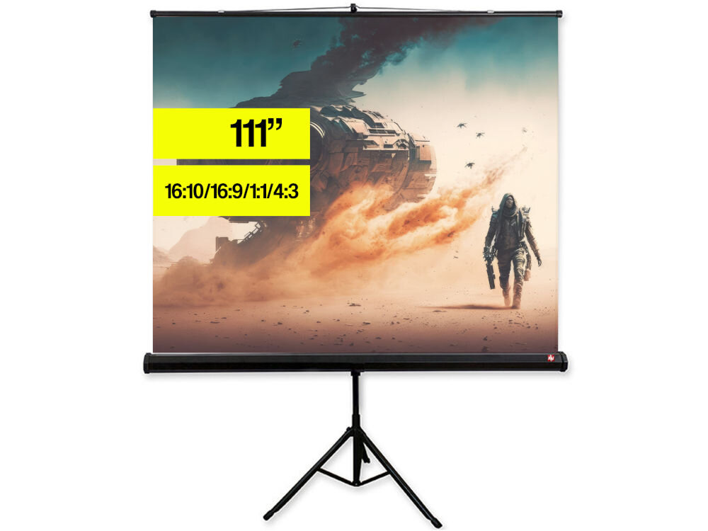 Ekran projekcyjny AVTEK Tripod Standard 111 cali na trójnogu z czarną metalową obudową i powierzchnią Matt White Ekran projekcyjny Avtek na statywie, wyświetlający scenę science-fiction z rozbitkiem na pustynnej planecie. Na obrazie widoczne są żółte nakładki tekstowe: 111” (przekątna) oraz 16:10 / 16:9 / 1:1 / 4:3 (formaty obrazu).