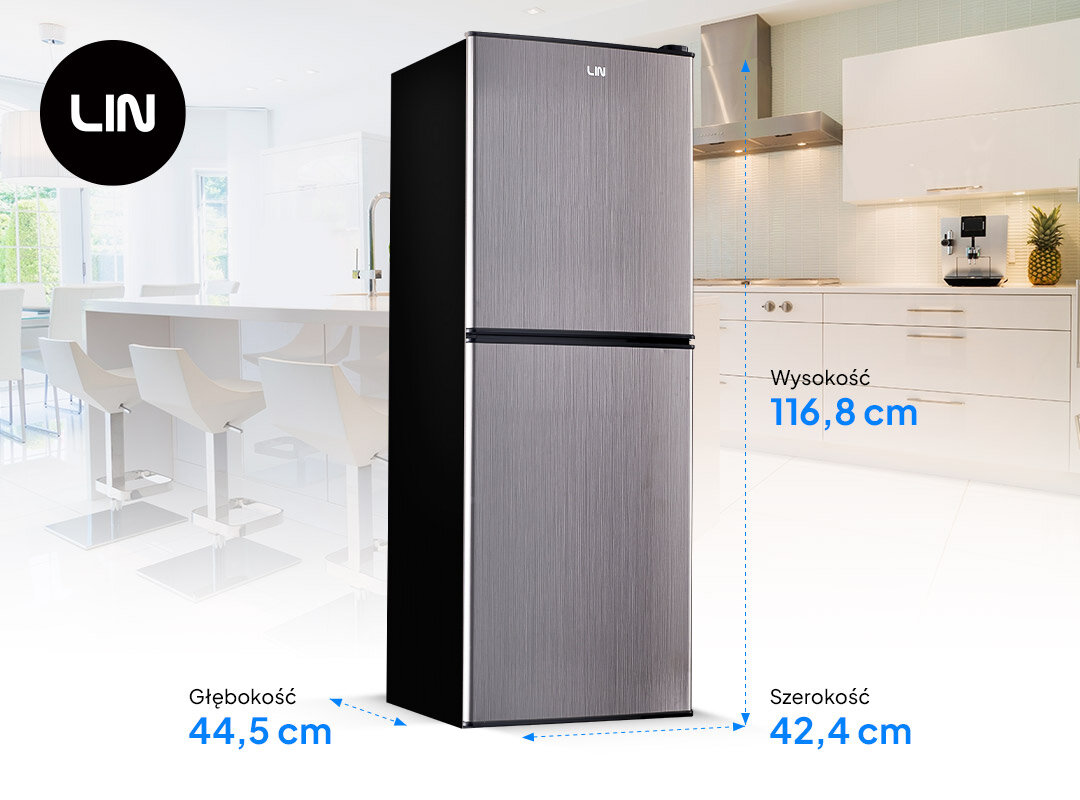 Grafitowa lodówka LIN o wysokości 116,8 cm, szerokości 42,4 cm i głębokości 44,5 cm stoi w nowoczesnej kuchni. Widoczne jest logo LIN oraz wymiary lodówki na tle jasnego wnętrza.