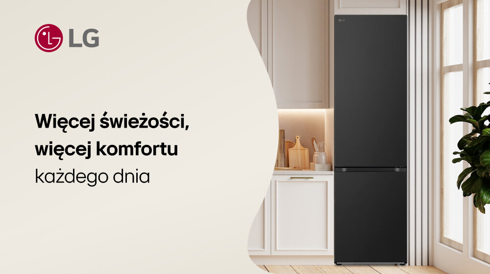 Obraz przedstawia ciemnoszarą lodówkę w nowoczesnej kuchni. Po lewej stronie widnieje logo LG oraz tekst: \'Więcej świeżości, więcej komfortu każdego dnia\'.