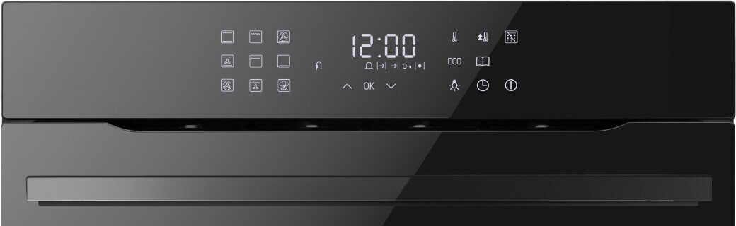 Czarny panel piekarnika z wyświetlaczem cyfrowym pokazującym godzinę 12:00 oraz ikonami funkcji. Widoczne są przyciski dotykowe i symbole, takie jak ECO i OK.