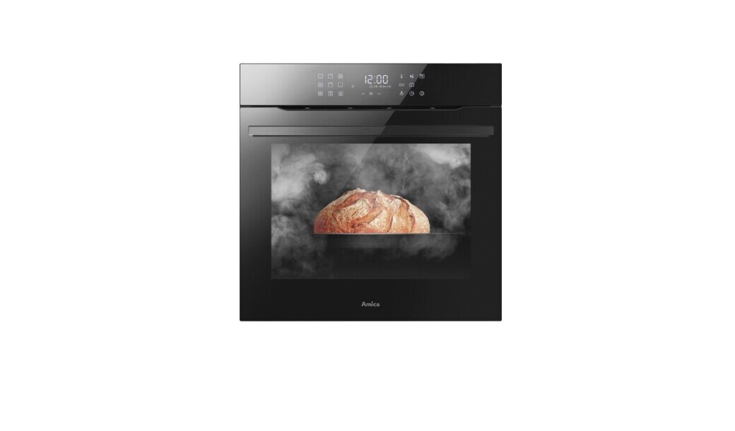 Czarny piekarnik parowy z wyświetlaczem cyfrowym pokazującym godzinę 12:00. Wewnątrz piekarnika znajduje się pieczywo otoczone parą.