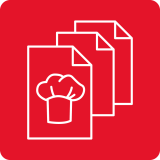 Ikona przedstawia trzy białe kartki z symbolem kucharskiej czapki na czerwonym tle.