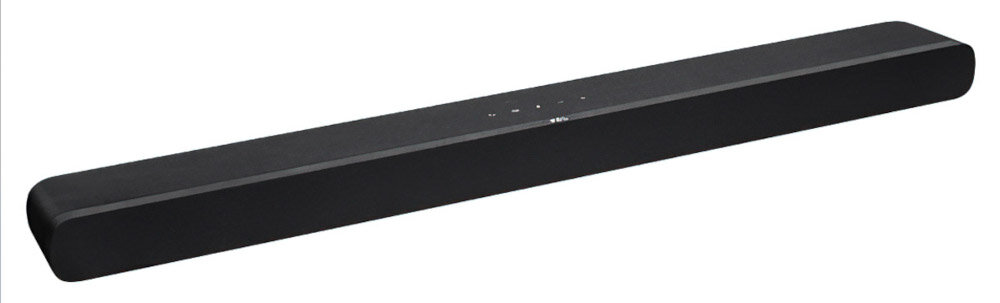 Czarny soundbar o prostokątnym kształcie z zaokrąglonymi krawędziami. Na górnej powierzchni widoczne są niewielkie przyciski sterujące.