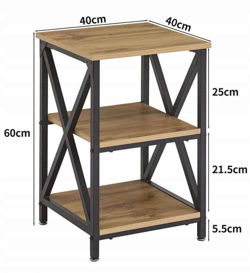 Stolik pomocniczy z trzema półkami w kolorze dębu, z metalową ramą w kolorze czarnym. Wymiary to 60 cm wysokości, 40 cm szerokości i 40 cm głębokości, z półkami na wysokościach 25 cm, 21.5 cm i 5.5 cm.
