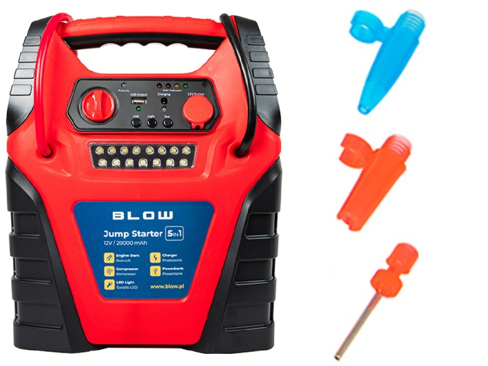 Na obrazie widoczne jest czerwono-czarne urządzenie rozruchowe z napisem \'BLOW Jump Starter 5in1 12V/20000 mAh\' oraz trzema kolorowymi końcówkami po prawej stronie. Urządzenie posiada panel z pokrętłami i wskaźnikami oraz rząd diod LED.