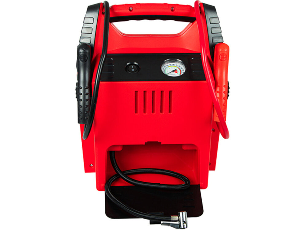 Czerwone urządzenie rozruchowe z manometrem i włącznikiem na panelu przednim. Posiada dwa przewody z zaciskami oraz dodatkowy przewód z końcówką do pompowania.