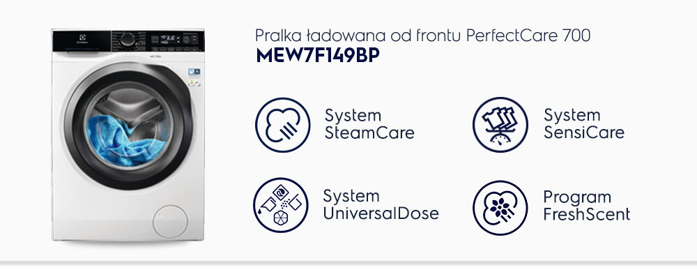Obraz przedstawia pralkę ładowaną od frontu z serii PerfectCare 700, model MEW7F149BP. Obok pralki znajdują się ikony z opisami: System SteamCare, System SensiCare, System UniversalDose, Program FreshScent.