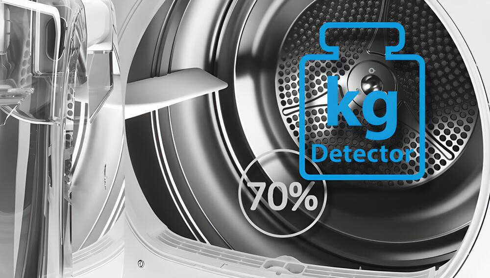 Wnętrze bębna suszarki z widocznym napisem \'70%\' oraz ikoną z tekstem \'kg Detector\'.